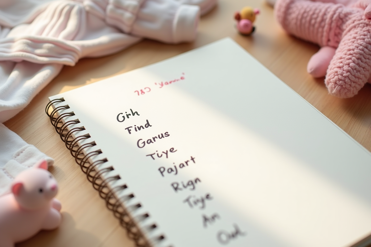 Liste manuscrite de prénoms A à Z avec jouets et vêtements