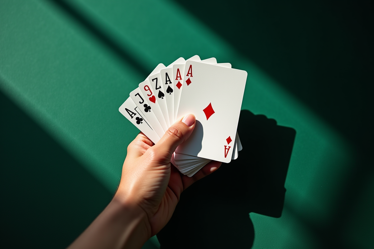 Main tenant une pile de cartes sur un tapis vert fonce