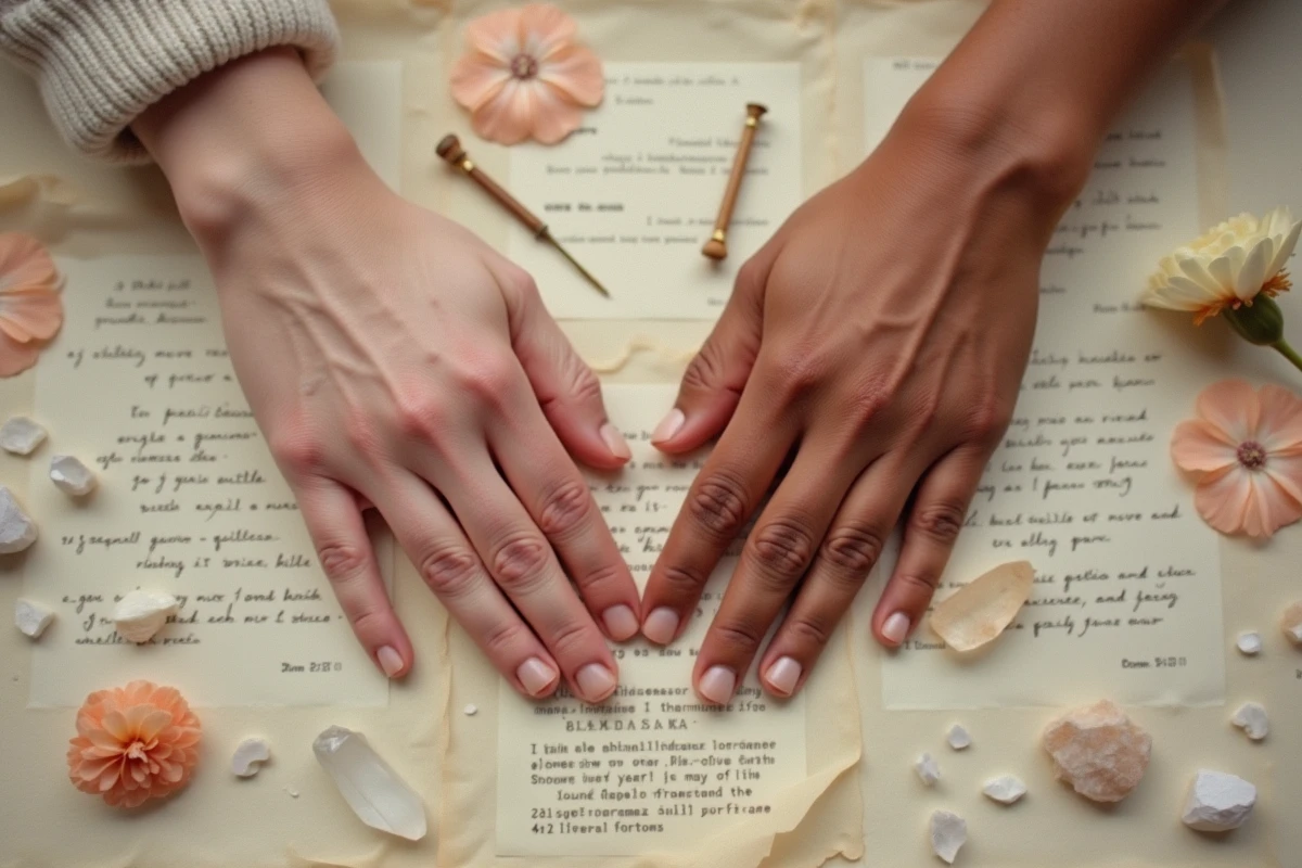 Deux mains qui se frôlent sans se toucher au-dessus de notes manuscrites et d'un cristal, symbolisant la connexion spirituelle entre âmes jumelles et les messages angéliques