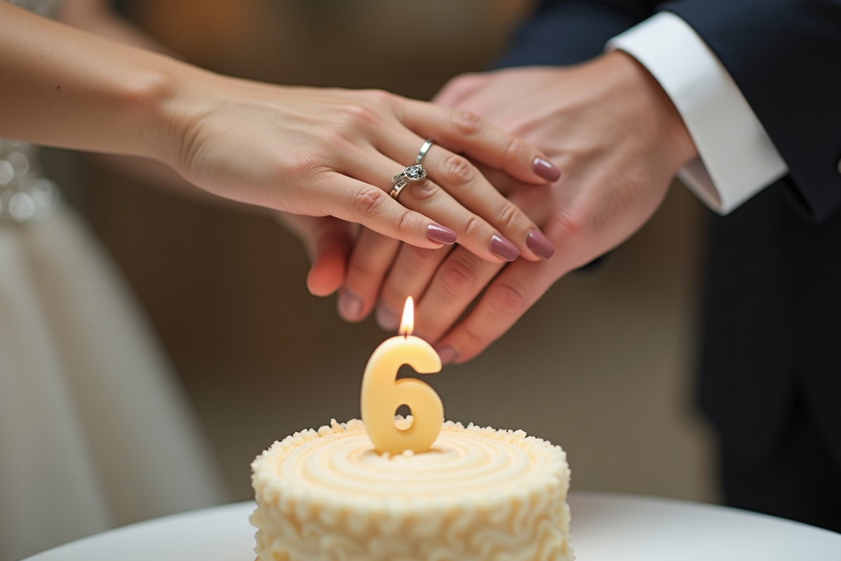 Mains entrelacees avec bagues et bougie 6 anniversaire