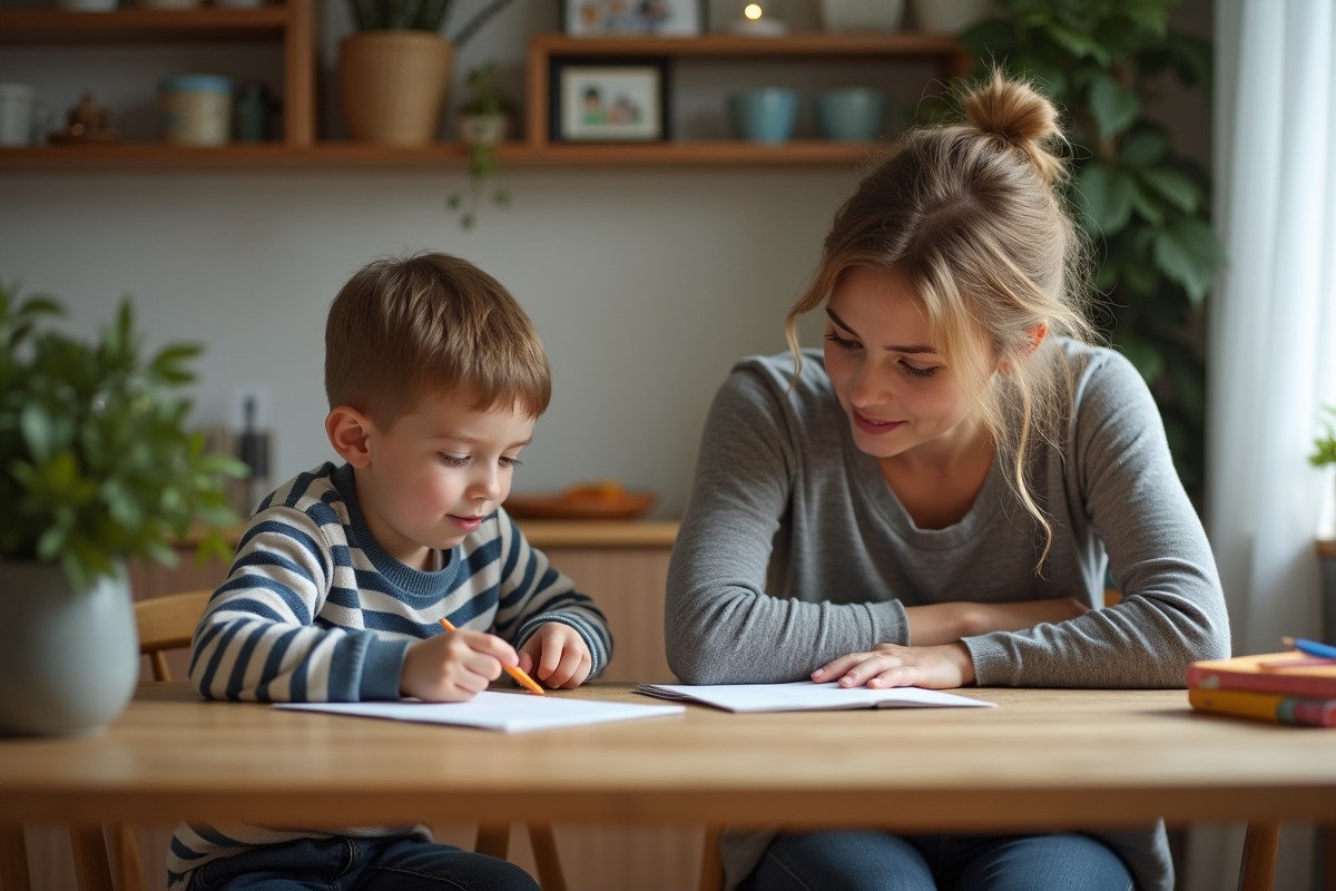 Enfant et mère concentrés sur leurs devoirs à la maison