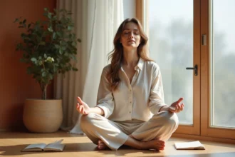 Femme en méditation spirituelle assise sur un plancher en bois, symbolisant la connexion avec le plan divin et les signes angéliques