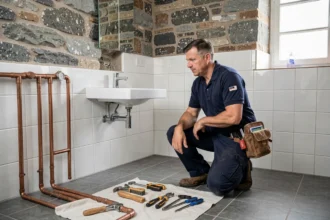 Plombier professionnel en uniforme bleu travaillant dans une maison bretonne avec murs en pierre de granit