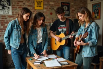 Membres de Hyphen Hyphen réunis autour d'une table en bois dans une salle de répétition vintage avec des feuilles de paroles et une guitare acoustique