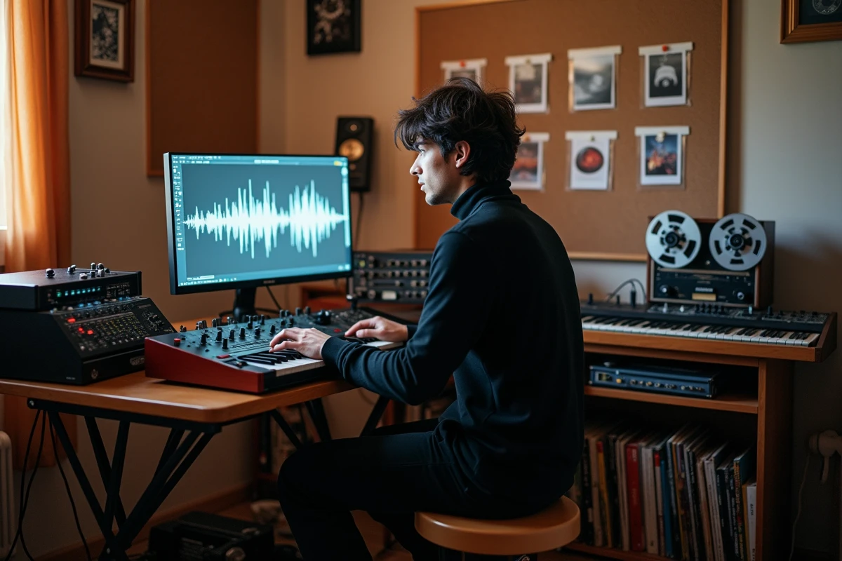 Musicien de Hyphen Hyphen seul dans un studio d'enregistrement home studio entouré de synthétiseurs analogiques et de vinyles