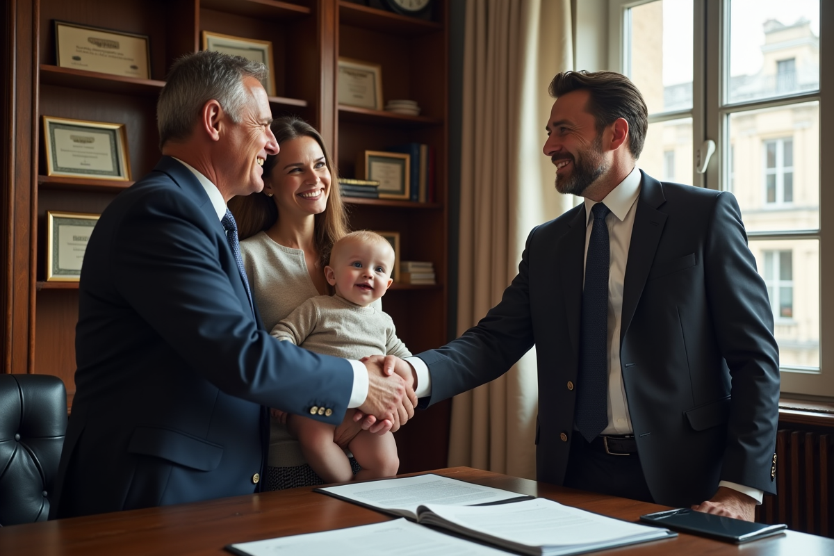 Notaire et famille signant un contrat dans un bureau