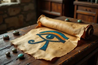 Parchemin papyrus antique avec le symbole de l'Œil d'Horus peint, entouré d'amulettes égyptiennes sur une table en bois sombre