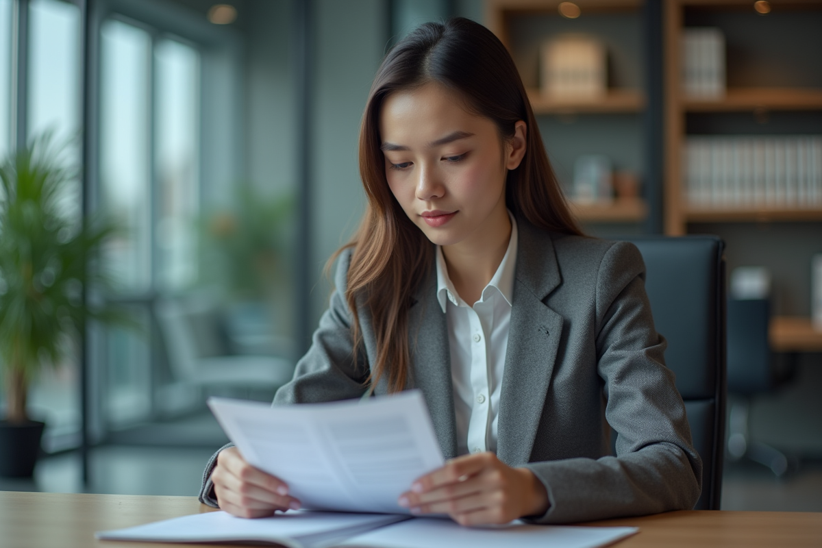 Jeune femme officielle en costume regardant brochure Euro 7