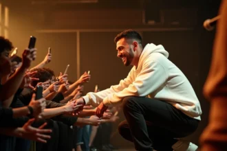 Rappeur français Oskoow se penchant vers ses fans au bord de la scène lors d'un concert intimiste dans une petite salle underground
