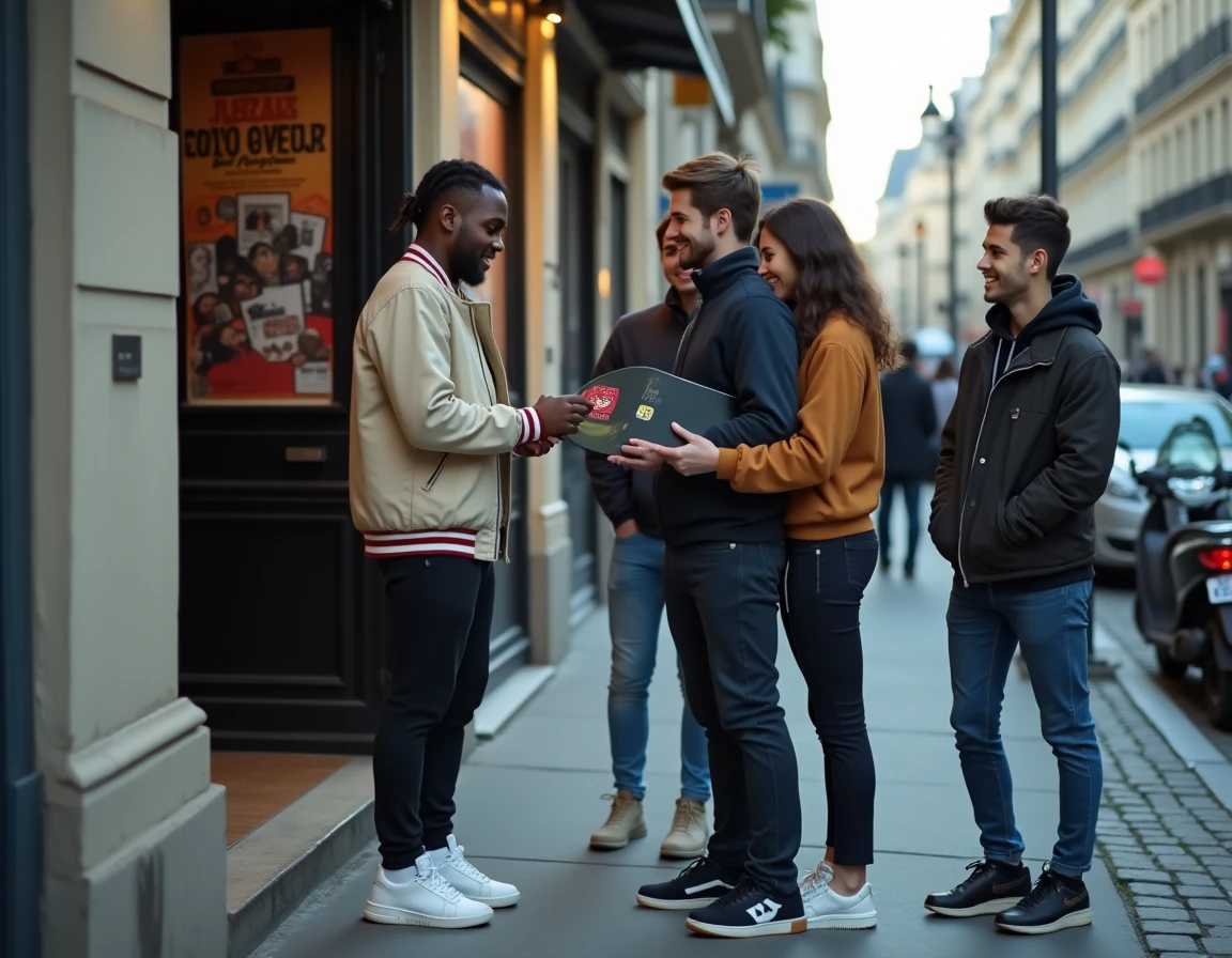 Oskoow signant un vinyle pour un fan devant la salle de concert sur un trottoir parisien après un spectacle en soirée