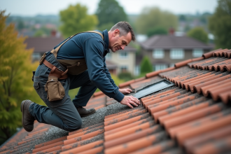 Ouvrier couvreur en action sur un toit en tuiles rouges