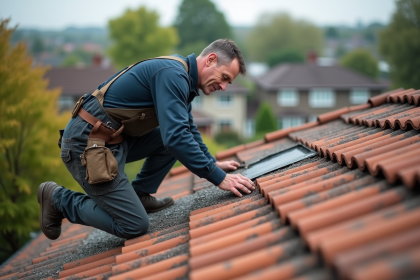 Ouvrier couvreur en action sur un toit en tuiles rouges