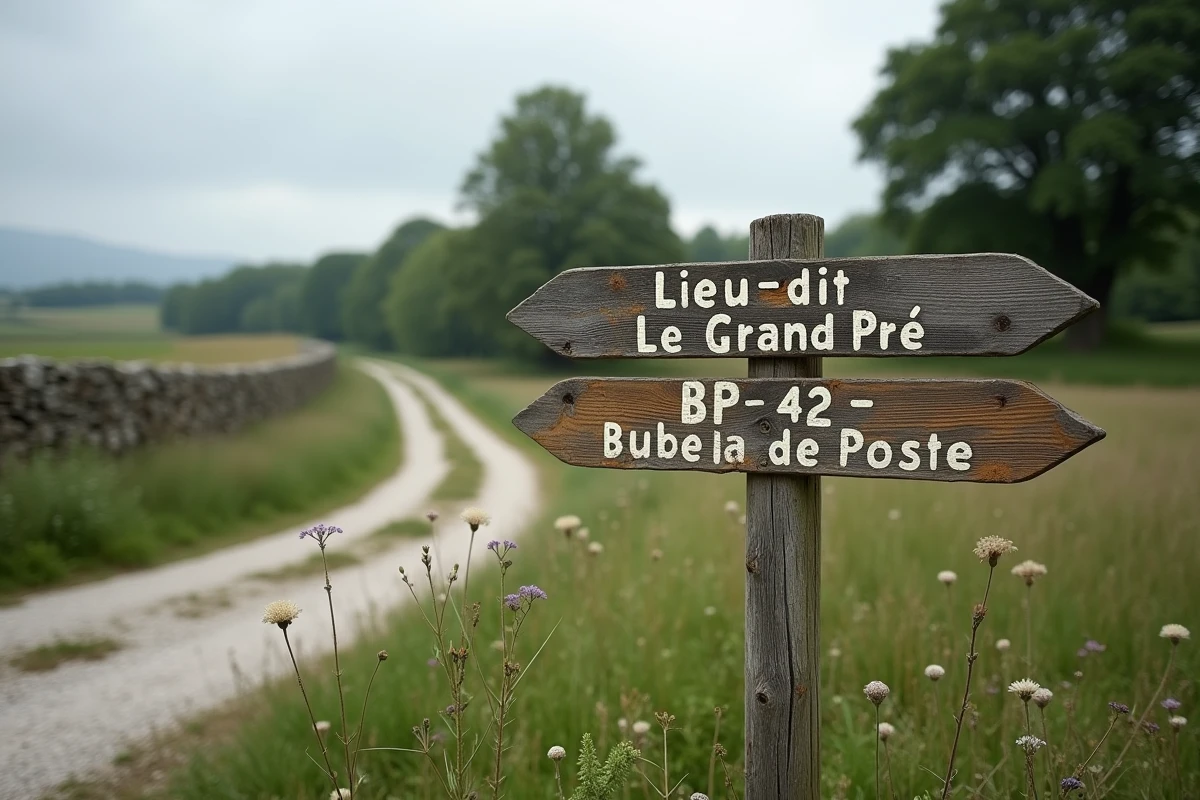 Panneau en bois à un carrefour de campagne française indiquant un lieu-dit et une adresse BP, entouré d'herbes folles et de chênes