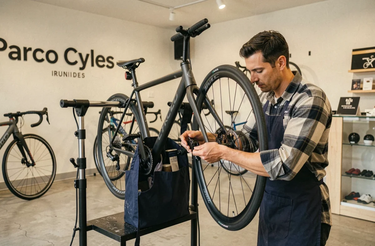 Mécanicien de Parco Cycles réglant le dérailleur d'un vélo de route dans un atelier moderne