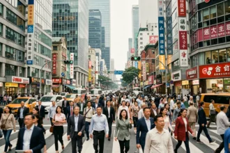 Foule dense de piétons traversant une rue animée dans une grande métropole asiatique, illustrant la densité de population mondiale