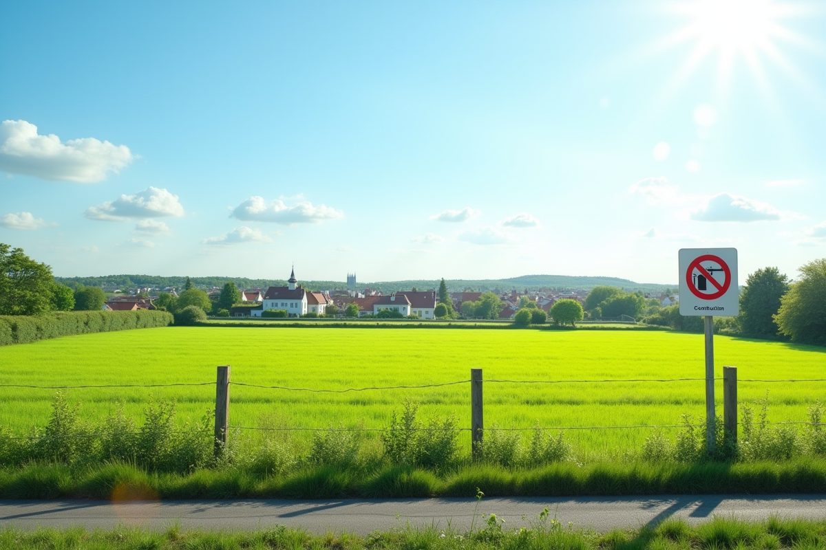 Paysage rural ensoleille avec panneau interdiction de construire