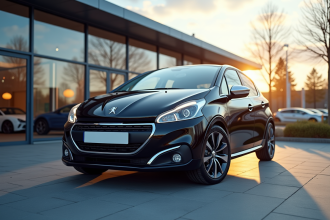 Peugeot 208 neuve stationnee dans un concessionnaire moderne