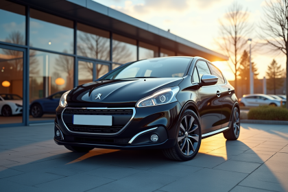 Peugeot 208 neuve stationnee dans un concessionnaire moderne