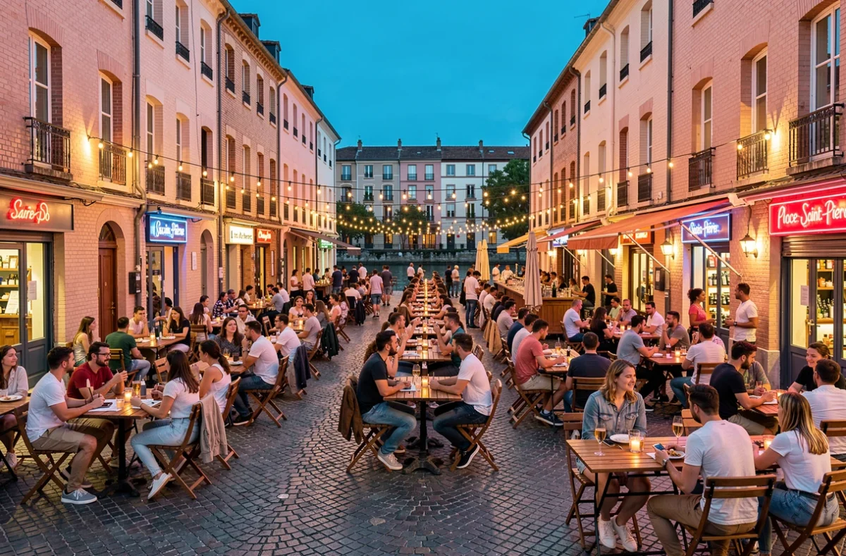 Vue panoramique de la Place Saint-Pierre à Toulouse un soir de week-end, terrasses de bars bondées de jeunes sous des guirlandes lumineuses avec la Garonne en arrière-plan