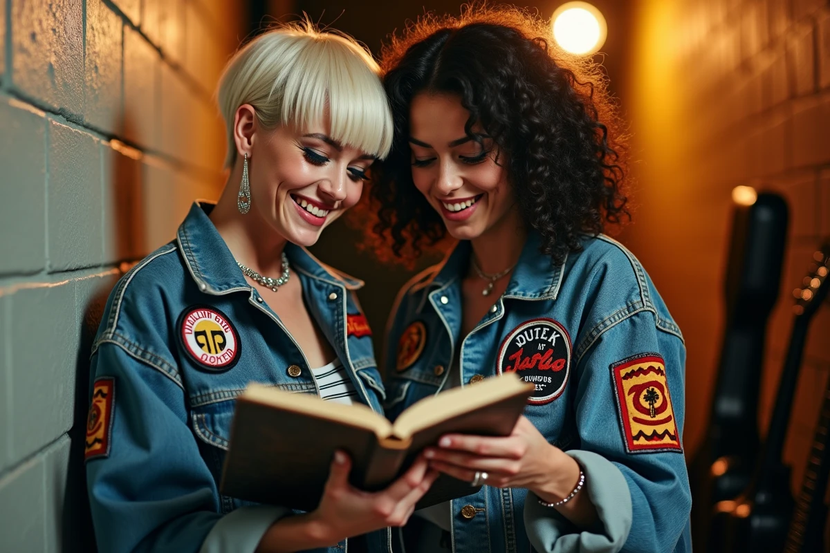Portrait de deux musiciennes de Hyphen Hyphen en coulisses partageant un moment complice avec un carnet de notes