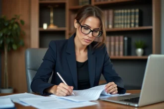 Femme notaire préparant son intervention pour un congrès en révisant ses documents à son bureau