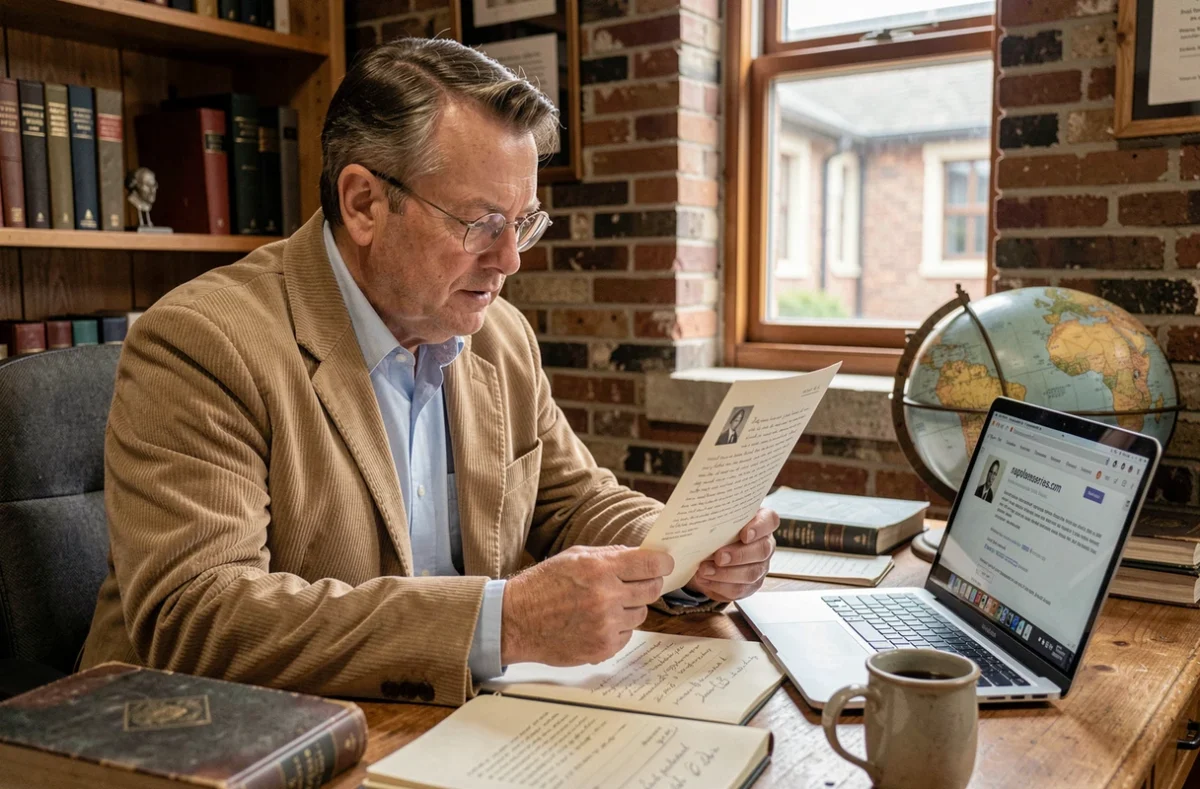 Professeur d'histoire lisant une lettre napoléonienne imprimée générée en ligne dans son bureau scolaire avec un laptop ouvert