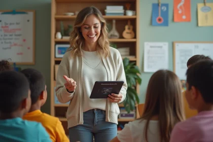 Professeure de musique avec enfants et calculateur decibel