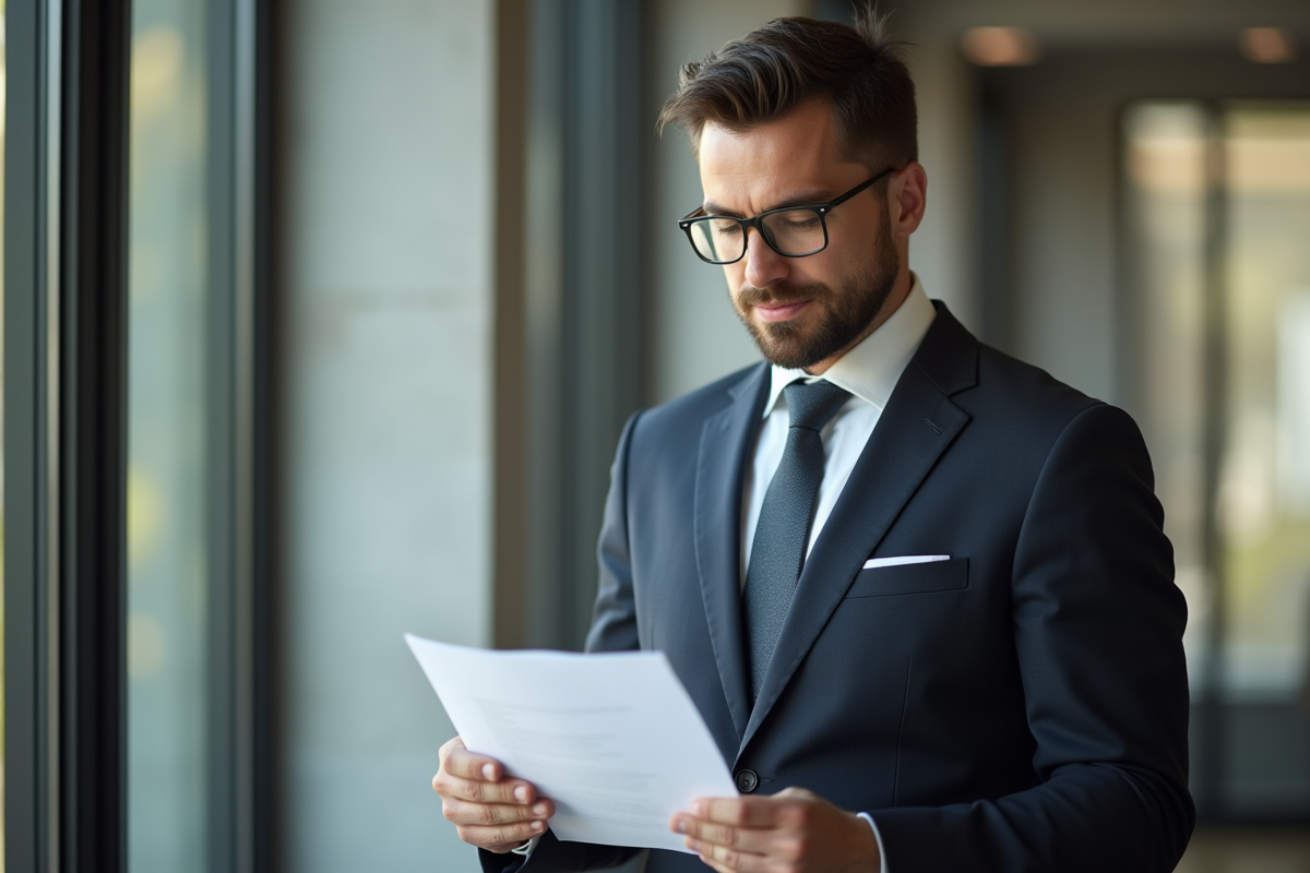 Professionnel lisant un document juridique en intérieur