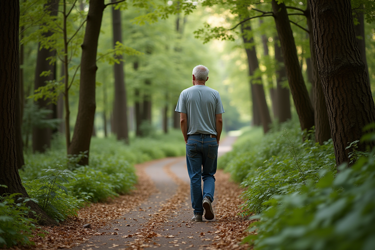 Homme marche dans la forêt aux feuilles d automne