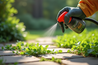 Main gantée pulvérisant un anti-mauvaises herbes naturel