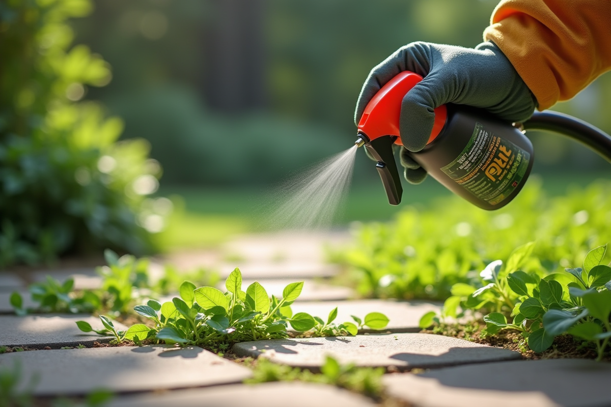 Main gantée pulvérisant un anti-mauvaises herbes naturel