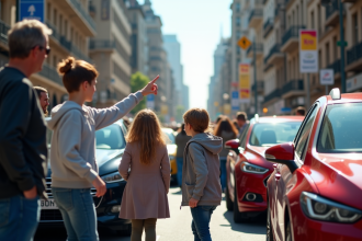 Groupe de personnes autour de voitures populaires en ville