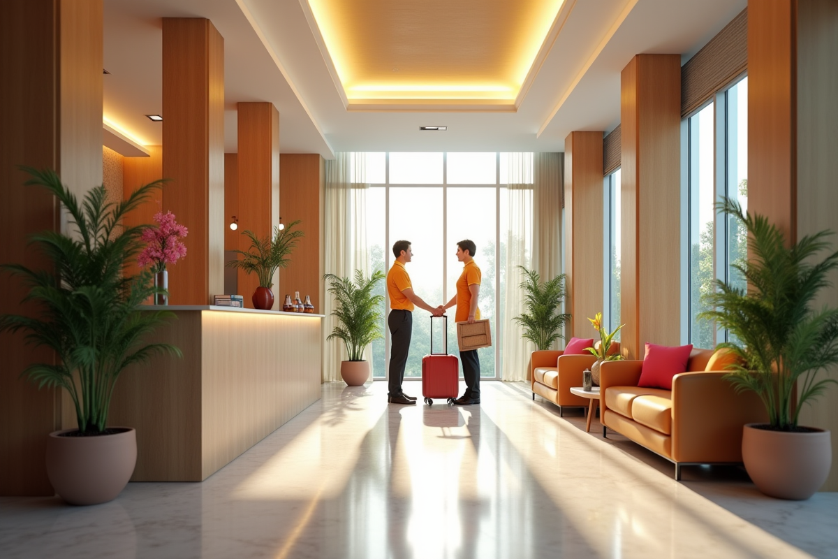 Réception d hôtel lumineuse avec personnel accueillant