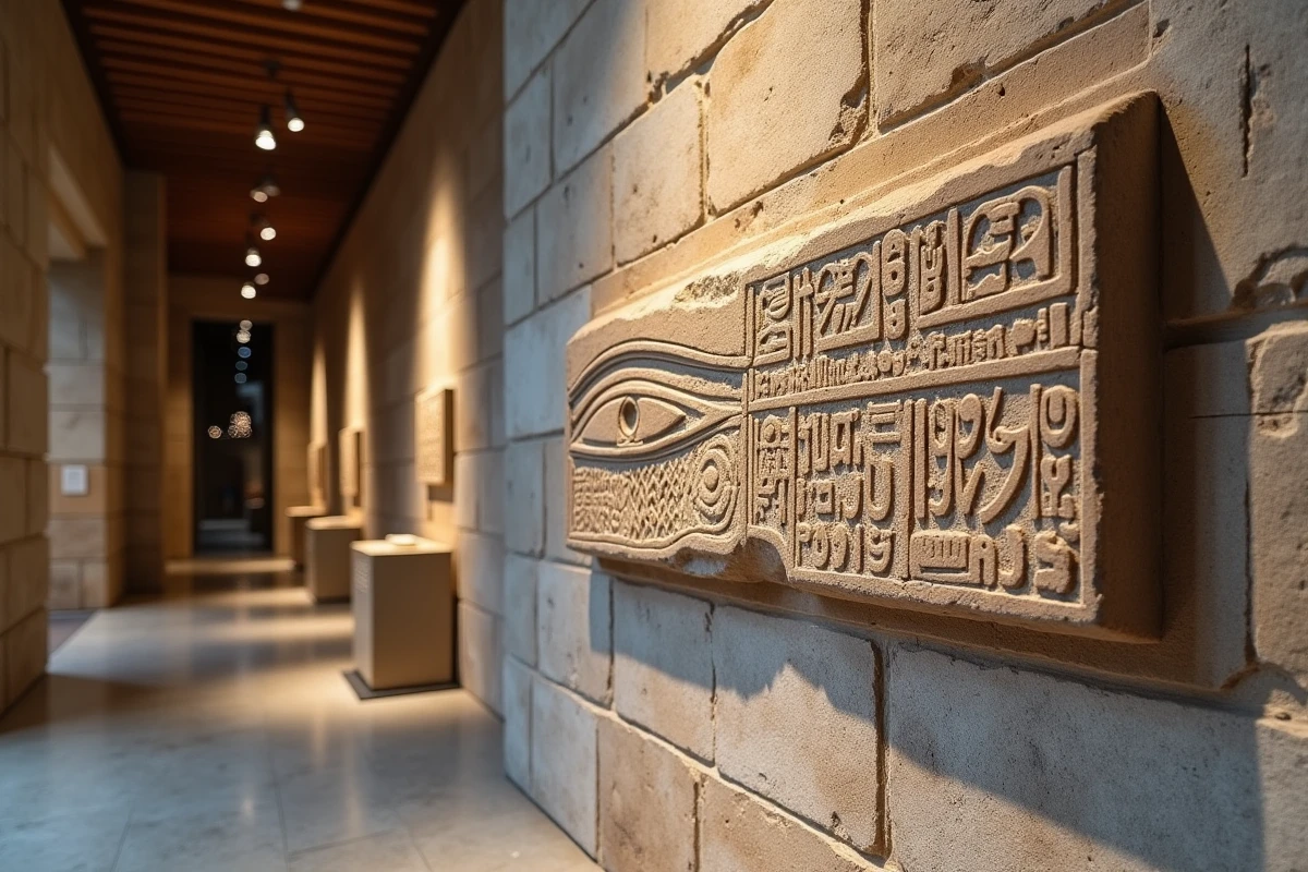 Relief en pierre sculptée représentant l'Œil de Râ avec des hiéroglyphes égyptiens dans une galerie de musée archéologique