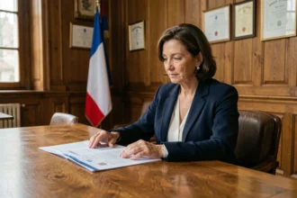 Femme maire en blazer marine consultant des documents officiels dans un bureau de mairie en 2026