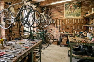 Atelier de réparation de vélos dans le Grand Est avec des vélos suspendus et des outils sur un établi