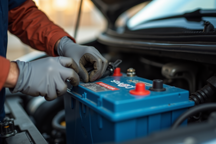 Mecanicien changeant une batterie de voiture en plein jour