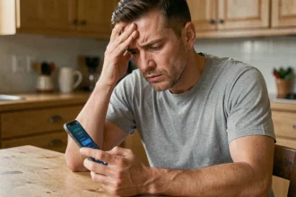 Homme frustré tenant un smartphone affichant un compte bloqué, assis dans une cuisine, illustrant la résiliation d'un forfait Free suspendu