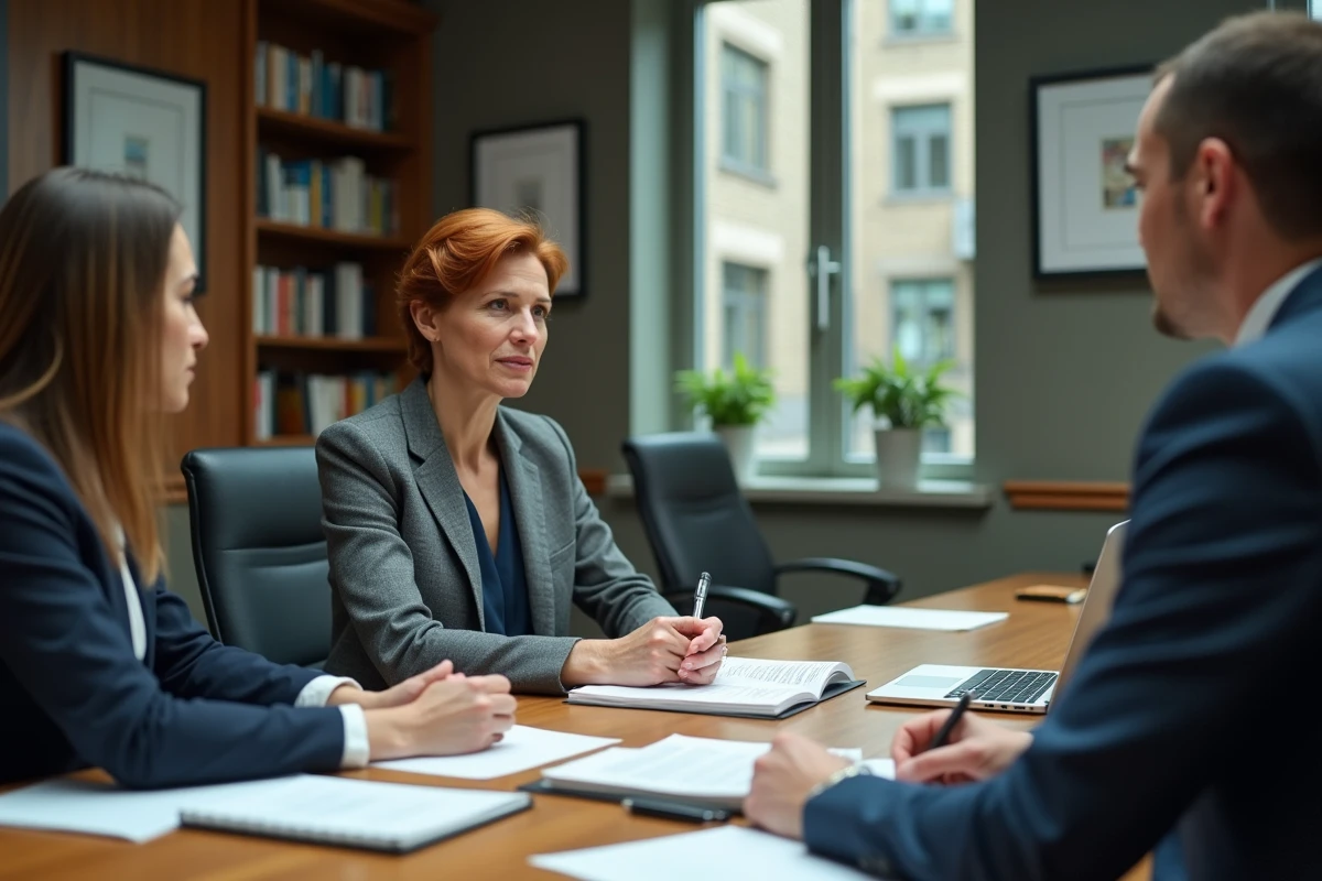 Responsable politique discutant de stratégie avec des collaborateurs autour d'une table de réunion dans un bureau institutionnel