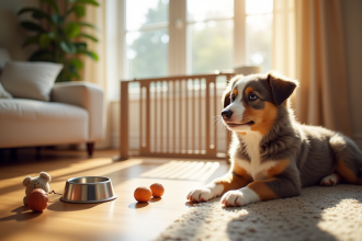 Salon accueillant pour chiot australien avec lit et jouets