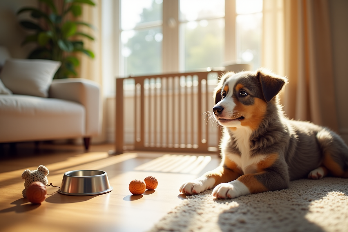 Salon accueillant pour chiot australien avec lit et jouets