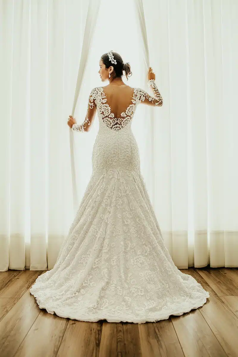 woman in white floral wedding dress