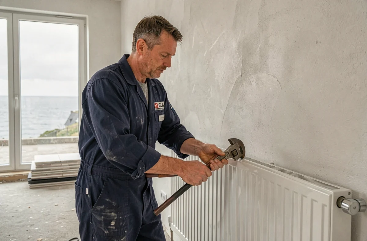 Technicien de SLA Plomberie Chauffage installant un radiateur dans une maison en rénovation au Finistère