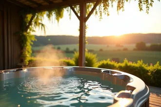 Spa privé extérieur sur terrasse en bois avec vue sur vignobles alsaciens