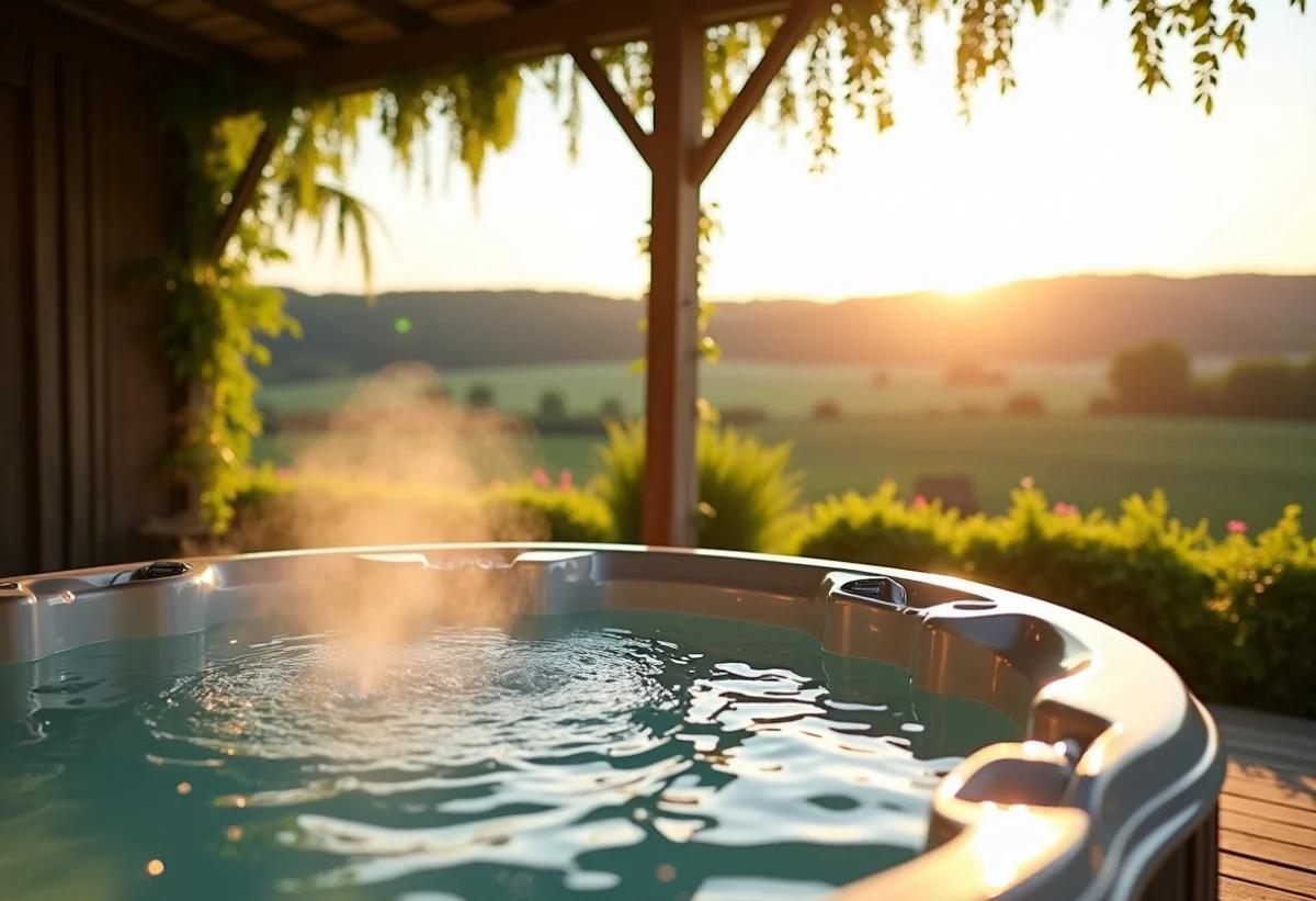 Spa privé extérieur sur terrasse en bois avec vue sur vignobles alsaciens