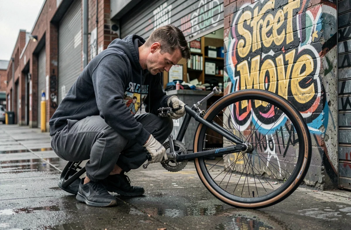 Cycliste urbain réparant son vélo fixie devant l'atelier Street Move décoré de graffitis