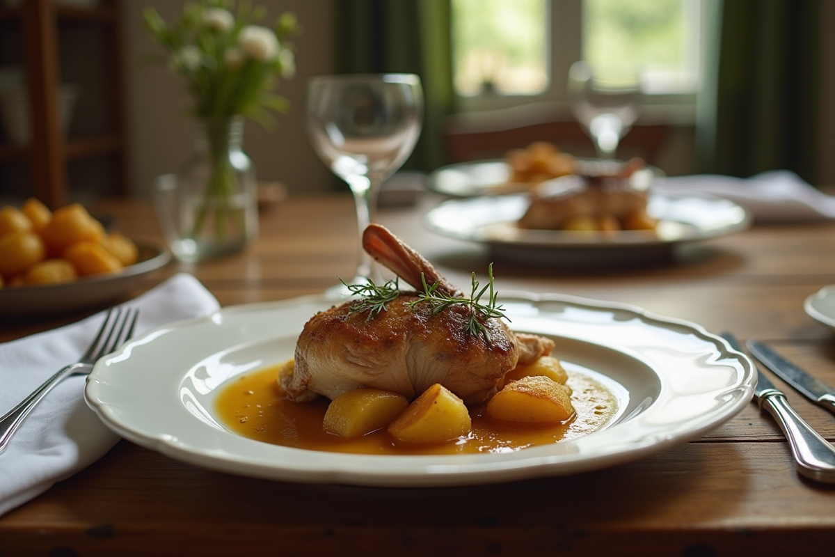 Table rustique avec plat de lapin à la moutarde en ambiance chaleureuse