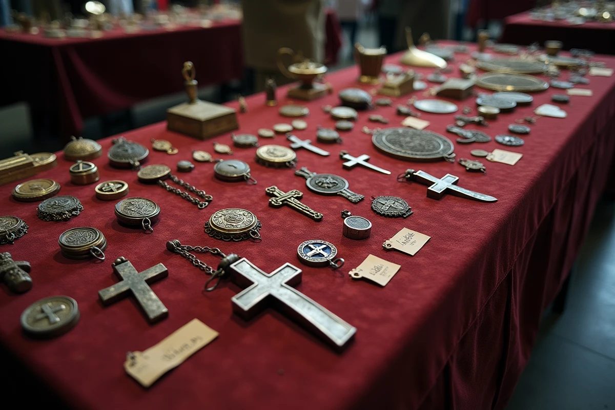 Table de collection avec symboles et croix templières exposés sur velours lors d'une foire aux antiquités