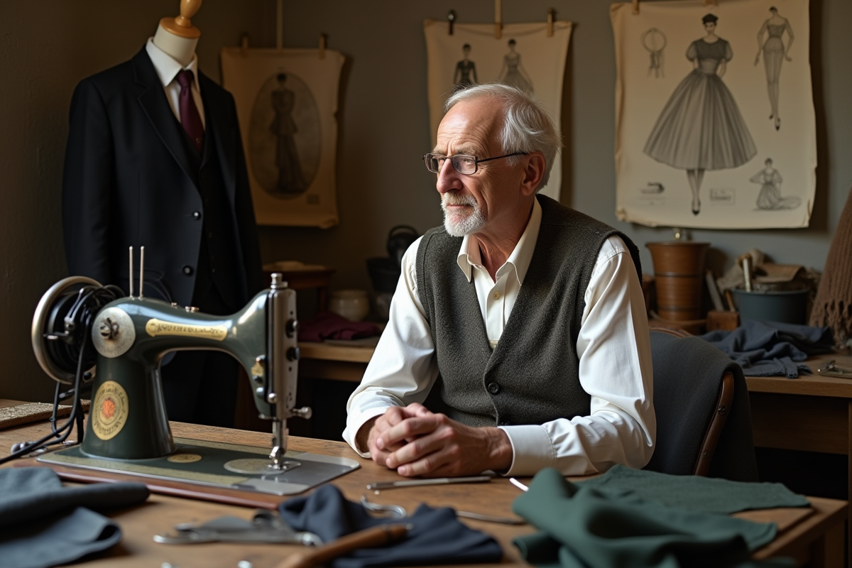 Tailleur âgé dans son atelier avec tissus et croquis anciens