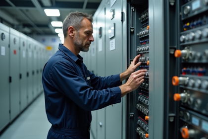 Technicien en overalls examinant une batterie Edison en usine